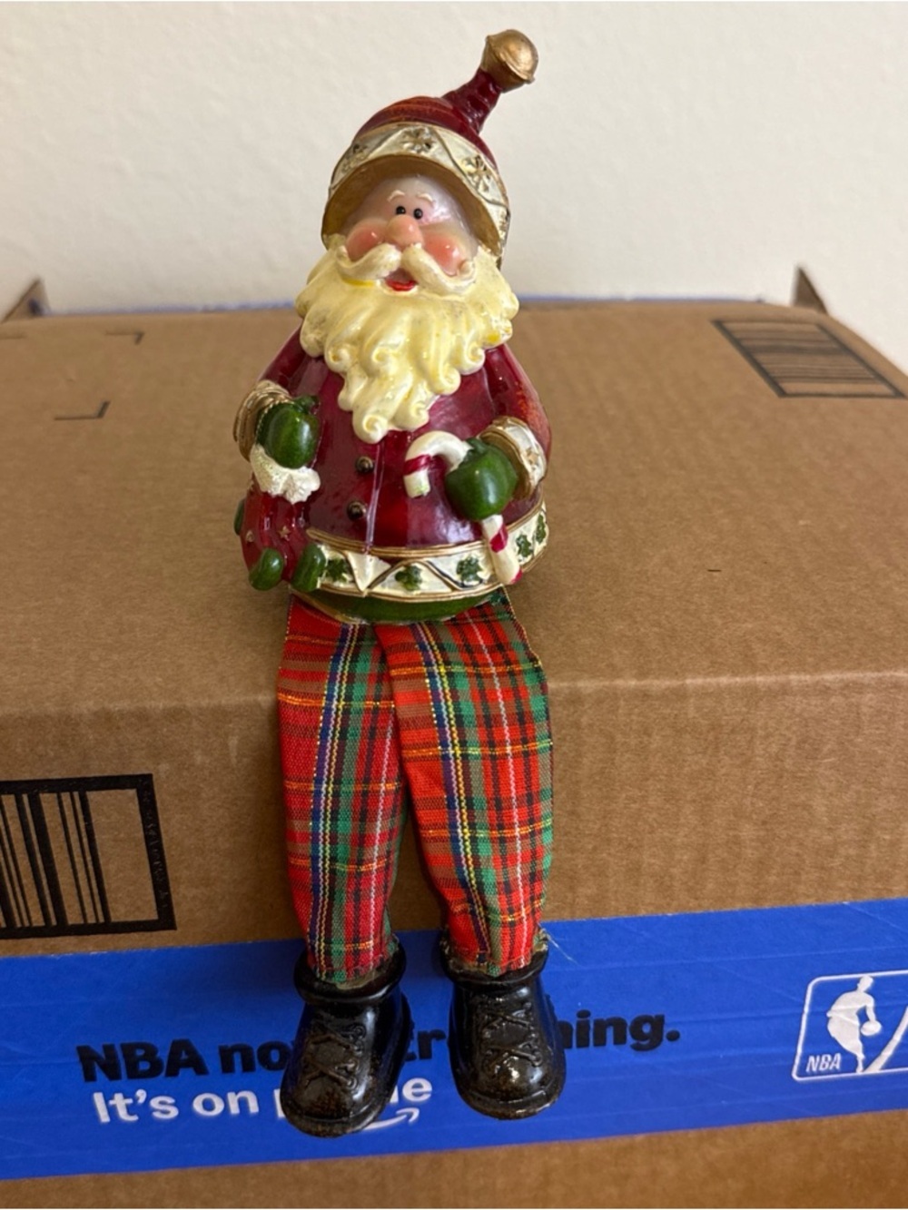 VINTAGE Shelf Sitting Santa with Dangling Legs Sitting Painted Ceramic